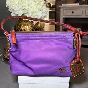 Dooney & Bourke Purple Nylon Wristlet with Brown Leather Trim